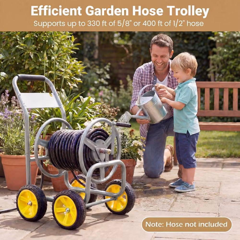 Costway Silver Metal 4-Wheel Garden Hose Reel Cart and Water Hose Organiser – 5