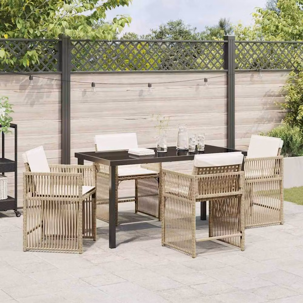 Berkfield Home Garden 5 Piece Modern Poly Rattan Dining Set in Beige with Transparent Glass Tabletop – 3