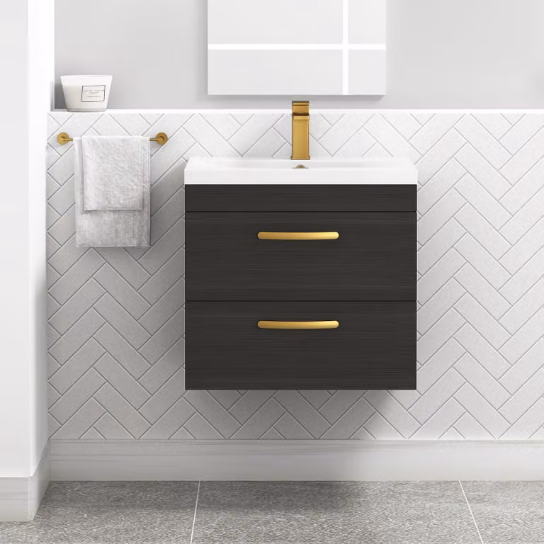 Royal Bathrooms Turin 600mm Wall Hung Vanity Unit in Charcoal Oak with 2 Drawers and Brushed Brass Handles