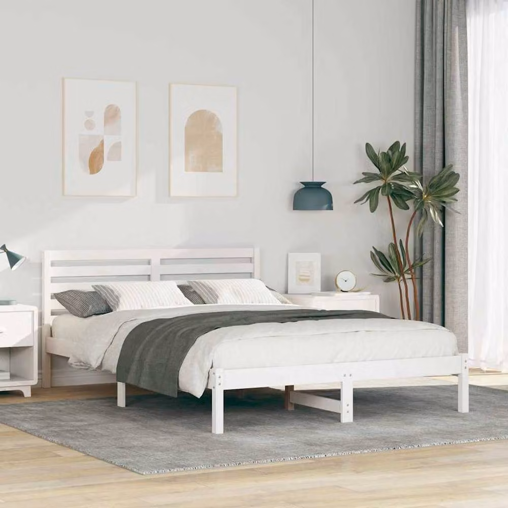 Berkfield Home Elegant White Solid Pine Wood Bed with Headboard W: 140 cm, L: 220 cm – 2