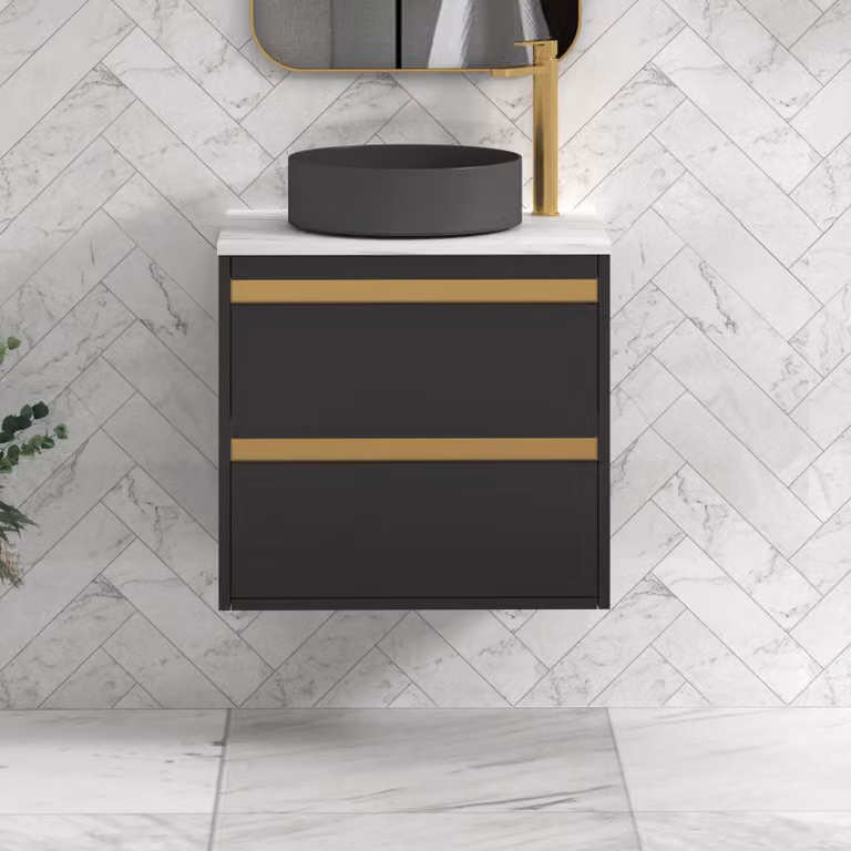 Royal Bathrooms Orion 600mm Matt Obsidian Black Wall Hung Countertop Vanity Unit with 2 Drawers, Art Round Basin and Brushed Brass Accent Trim