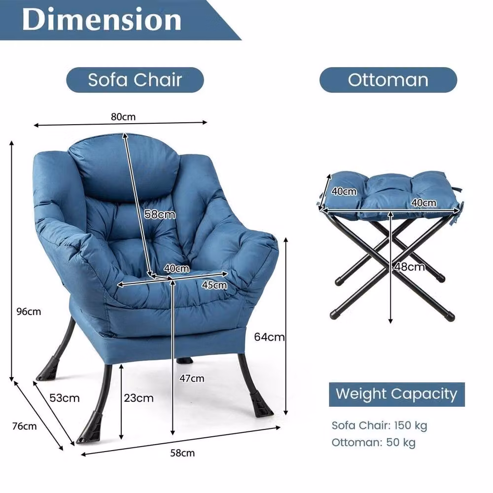 VOGREX Blue Lazy Lounge Chair with Ottoman and Microfibre Cushions and Powder Coated Steel Frame – 2