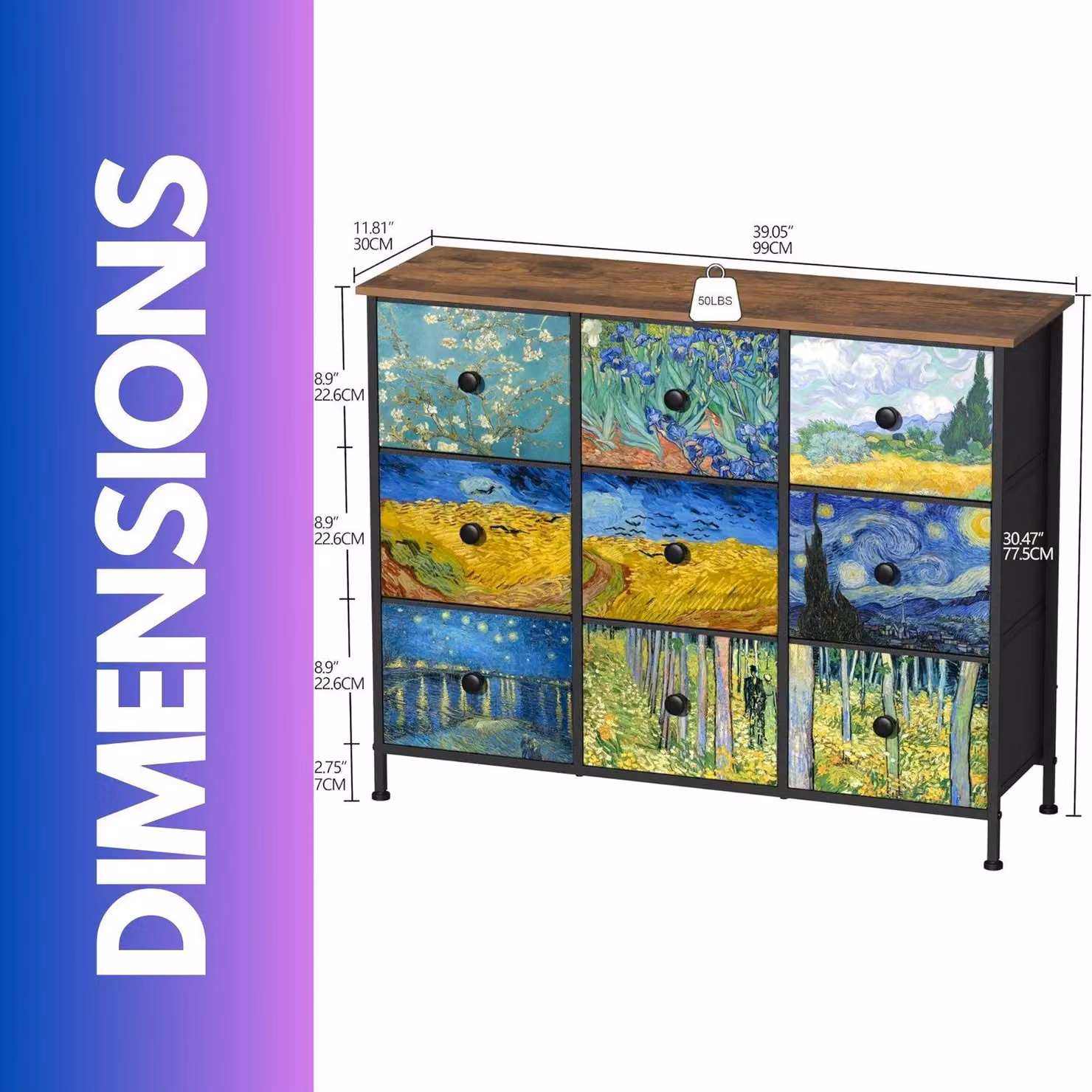 FURNOS 9 Fabric Drawer Bedroom Dresser with Abstract Patterns in Brown and Multicolour – 2