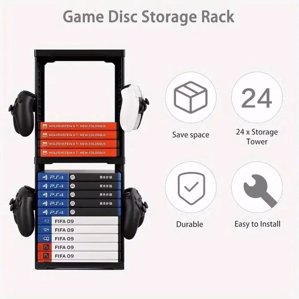 VOGREX 24 Disc Universal Game Storage Tower for PS5, PS4, Xbox and Nintendo Switch in Black – 4