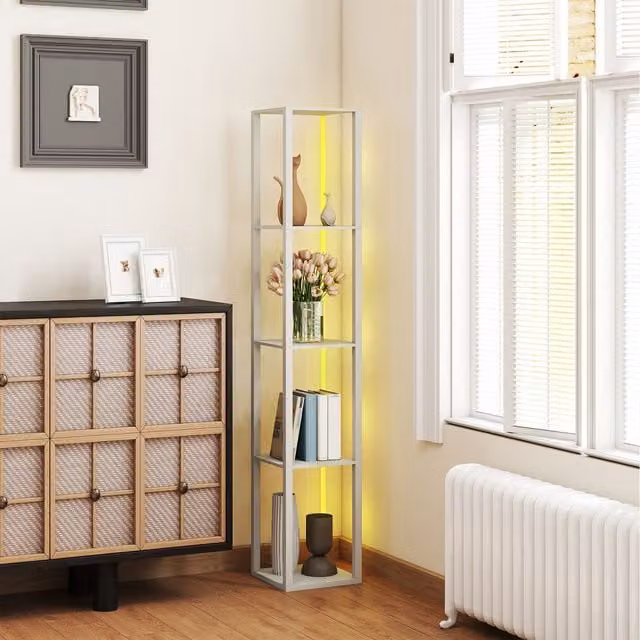 HOMCOM RGB LED Floor Lamp with Shelves and Remote Control in Oak and Multicolour