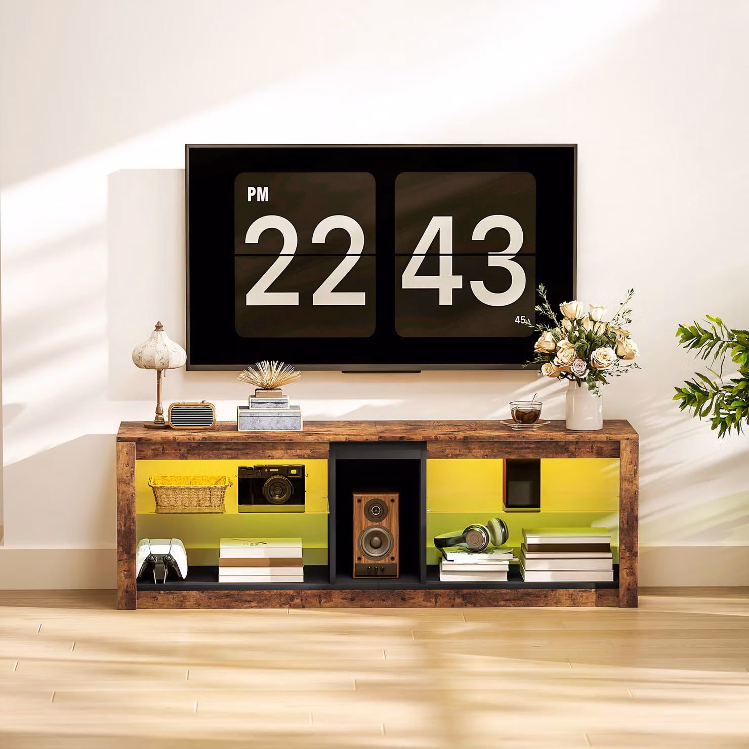 HOMCOM TV Stand Cabinet with LED Lights and Remote Control for TVs up to 65 inch, Entertainment Centre with Storage Shelves and Compartment, Rustic Brown, W: 140 cm, D: 47 cm, H: 24 cm – 7