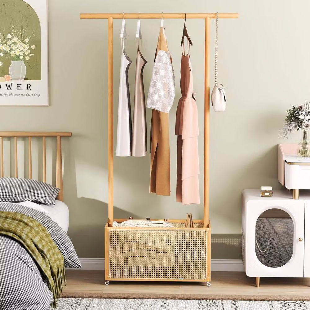 KORVIXA Bamboo Clothes Rack and Coat Hanger Stand in Brown, H 172 x W 102 x D 33 cm – 2