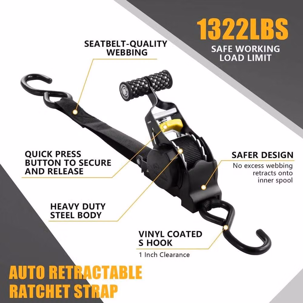 EONLION 2-Pack Heavy Duty Retractable Auto Ratchet Tie Down Straps in Black – 2