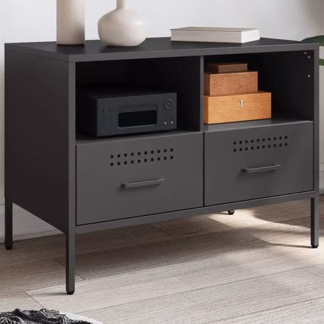 Berkfield Home Industrial TV Cabinet in Matt Black Metal, W: 68 cm, D: 39 cm, H: 50.5 cm