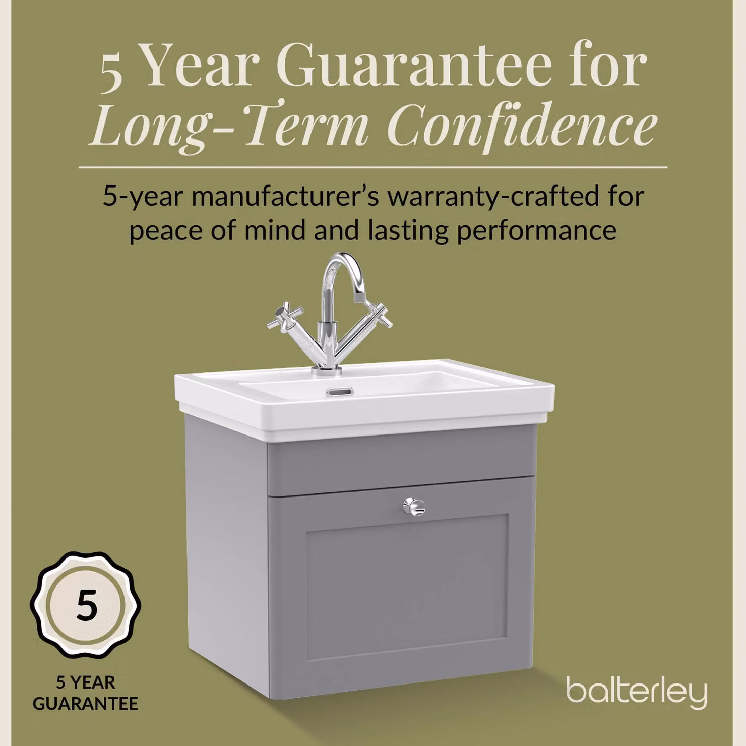 Balterley Wall Hung 1-Drawer Bathroom Vanity Unit and Fireclay Basin, Grey, W: 50 cm – 3