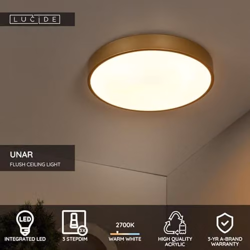 Lucide UNAR Dimmable LED Flush Ceiling Light, Gold/Brass, Diameter: 39.5 cm – 2