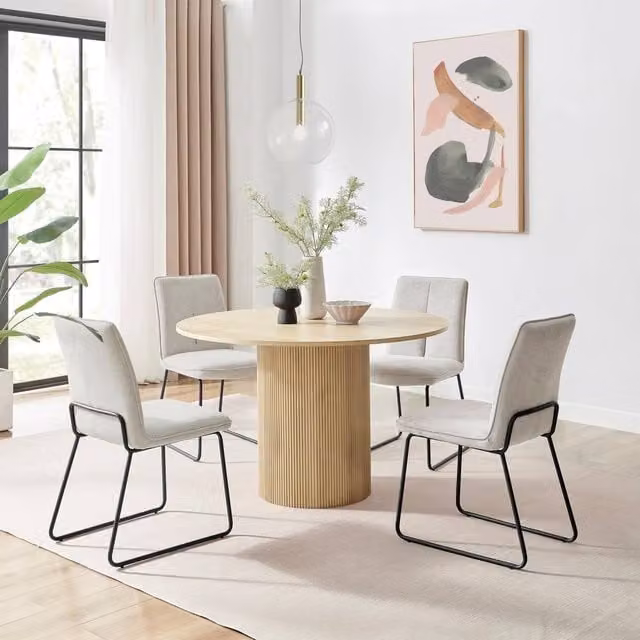 FurnitureboxUK Penrose Oak Effect Round Dining Table and 4 Halleyy Chairs in Taupe, Diameter: 120 cm – 1