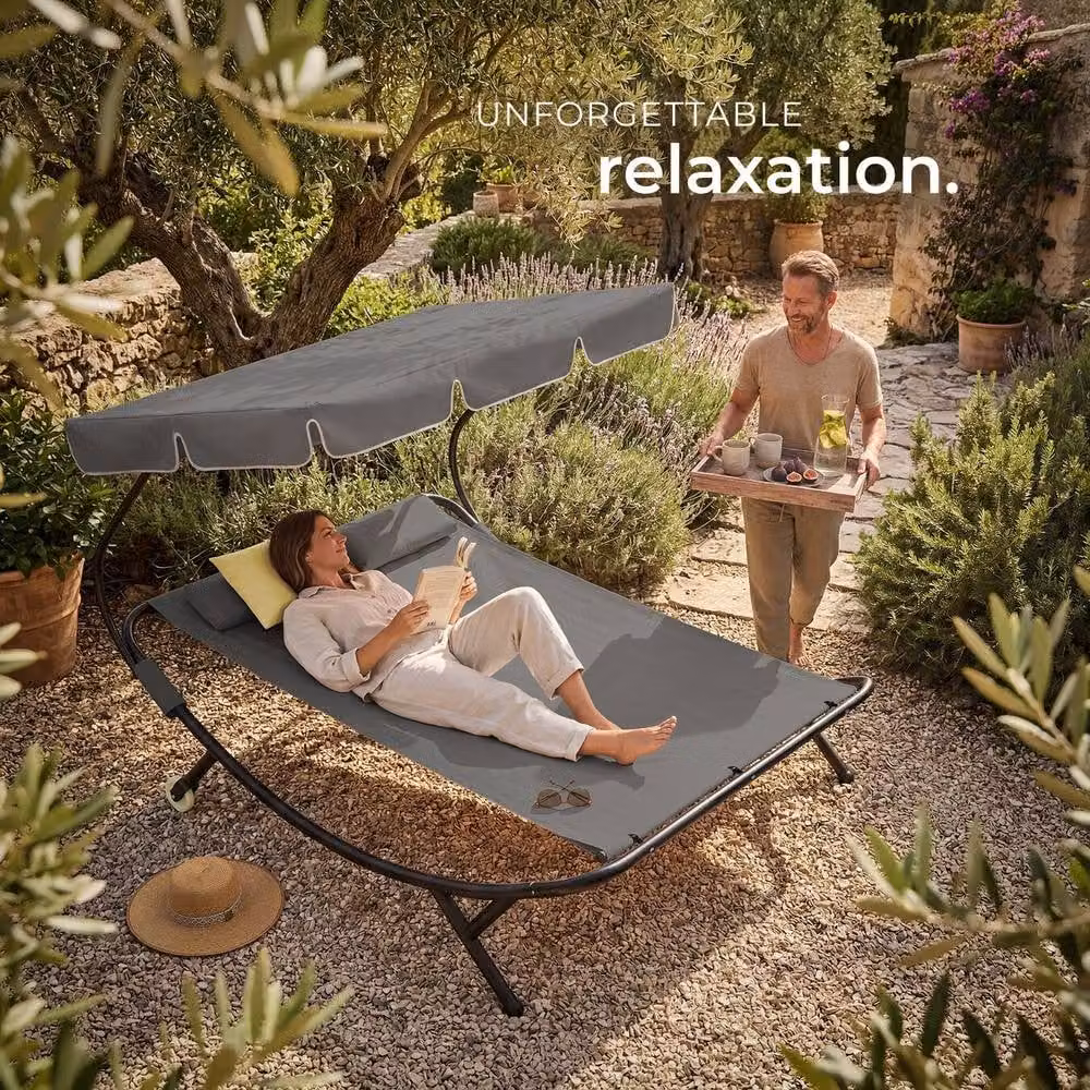 tectake Livorno 2 Seater Sun Lounger with Sun Canopy and Castors in Grey – 6