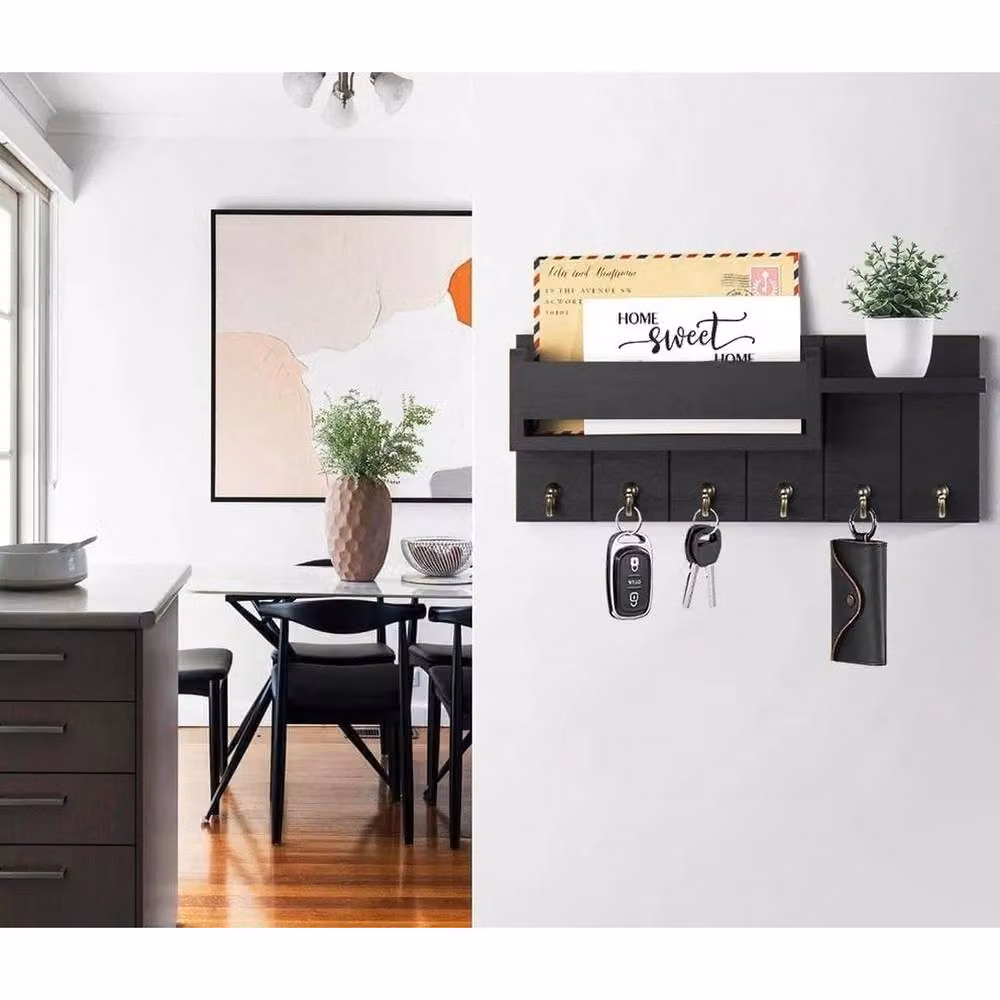 FLAVORA Black Wall Mounted Key and Letter Organiser Rack with Shelf and Hooks – 4