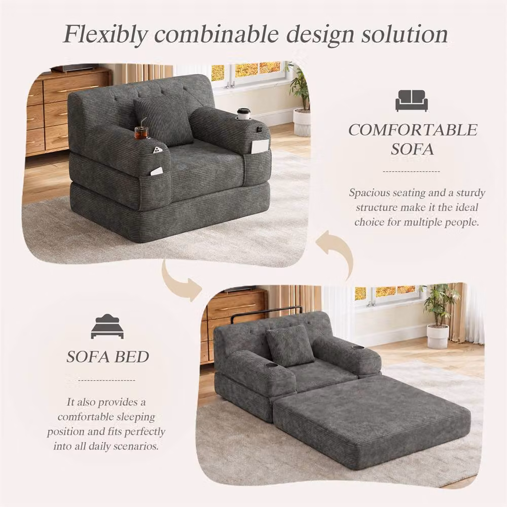 Direct Wicker 1-Seater Corduroy Sleeper Sofa with Cup Holders and Side Pockets in Dark Grey – 3