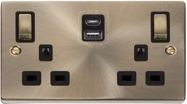 SE HOME Antique Brass Surface Mounted Double Switched Socket with USB Ports
