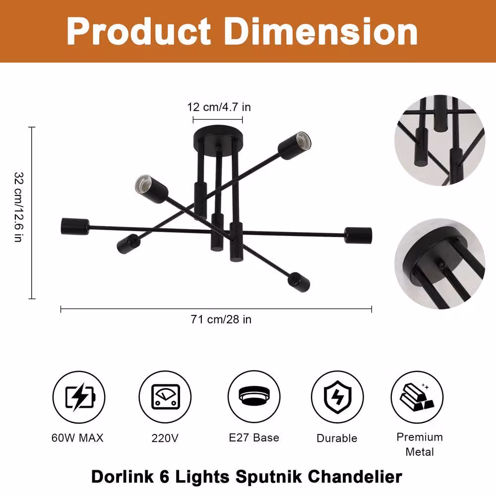 Pheashine Black Sputnik Modern Flush Mount Ceiling Light with E27 Metal Fitting – 2