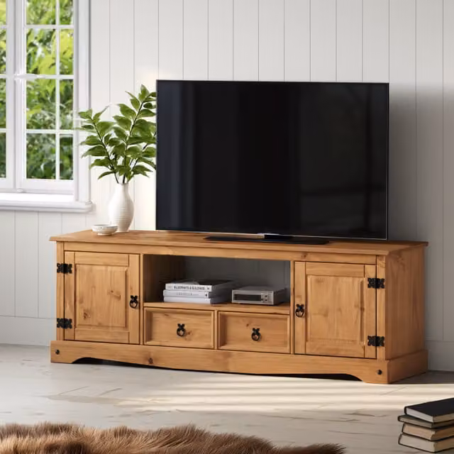 Mercers Furniture Rustic Brown Solid Wood Pine Widescreen TV Unit with Metal Accents
