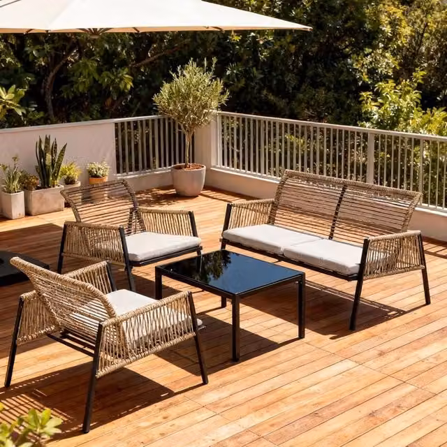 FURNITURE ONE 4 Seater Rattan Garden Furniture Set with Grey Cushions and Glass Coffee Table in Natural