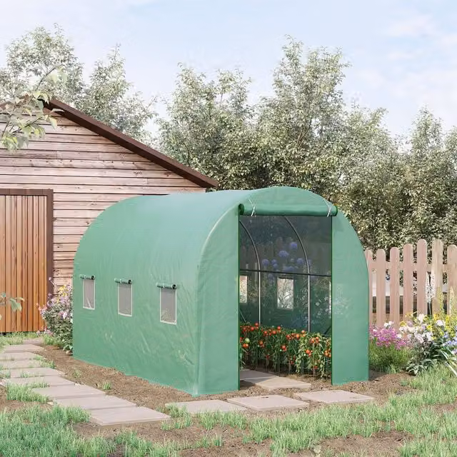 Outsunny Green Walk-in Polytunnel Greenhouse Tent with Steel Frame and Window, 7 m²