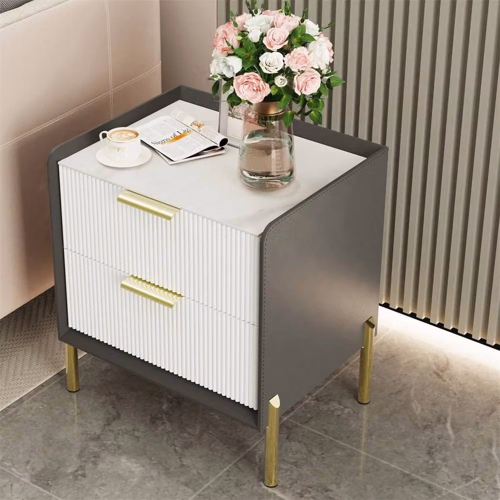 ERGOVEXA 2 Drawer Bedside Table with White Marble Top and Gold Accents – 3