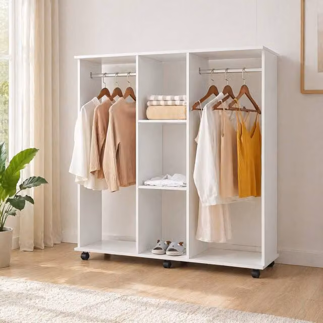 STILVORA Modern White Open Wardrobe with Hanging Rod and 3-Tier Storage