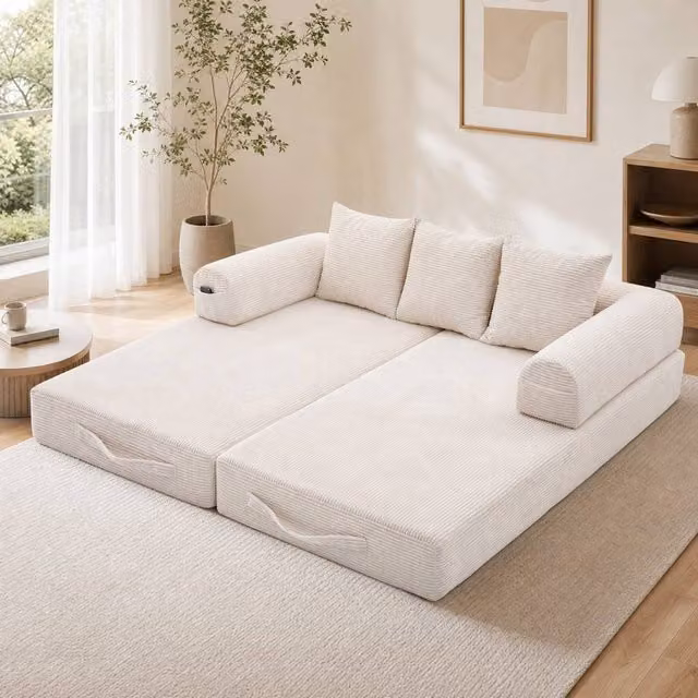 STILVORA Modular L-Shape Sofa in Beige Corduroy with Reversible Sleeping Function and Storage Pocket