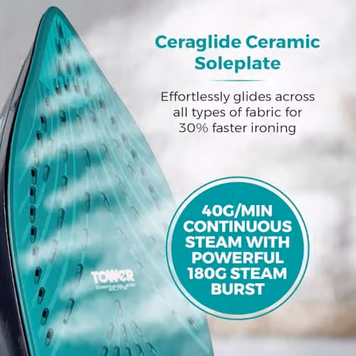 Tower Steam Iron with Ceramic Non-Stick Plate and Anti-Calc System, Black and Petrol – 5