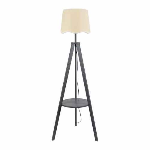 ValueLights Grey Wood Tripod Floor Lamp with Storage Shelf and White Scallop Shade including LED Bulb
