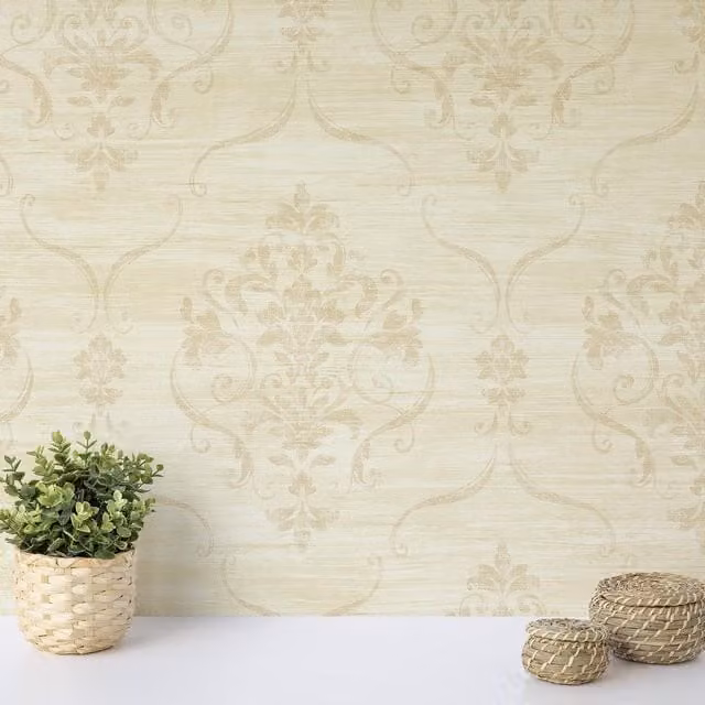 Wallquest Josette Classical Damask Floral Wallpaper in Gold, Grey and Beige
