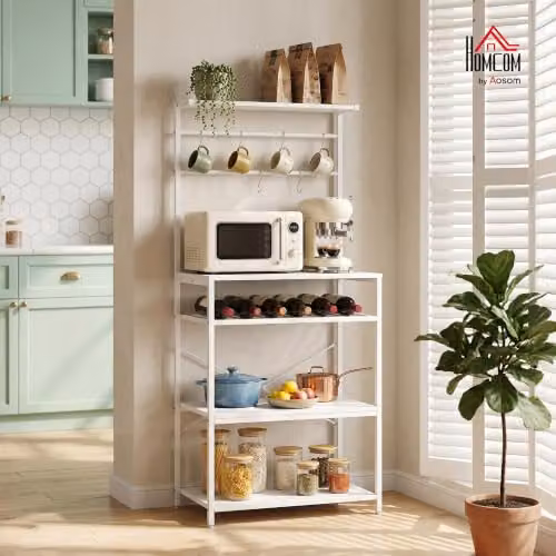 HOMCOM Industrial Freestanding 5-Tier Storage Shelf with Wine Rack and 6 Hooks, White, W/D/H: 59 x 40 x 143.5 cm – 2