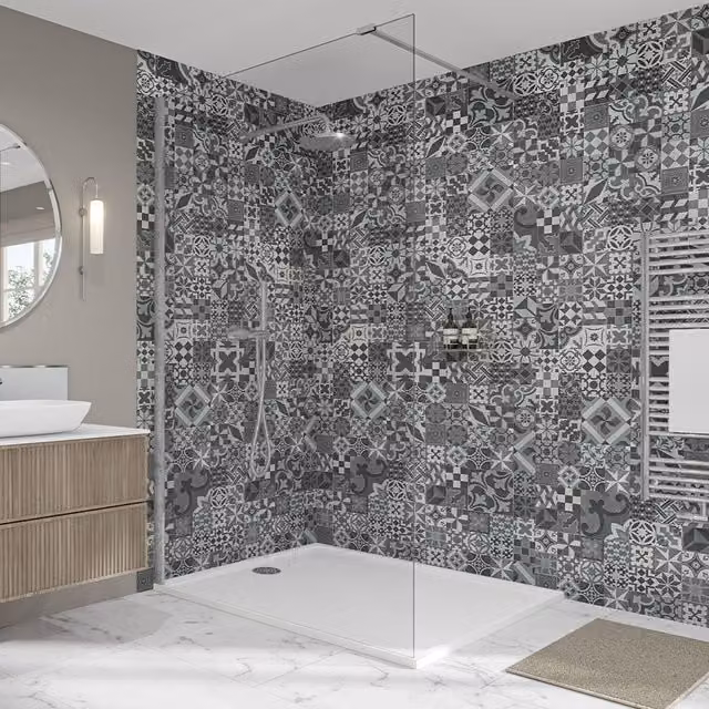 Wetwall Elite Abruzzo Grey Tongue and Groove Geometric Tile Look Shower Wall Panel, Width: 120 cm