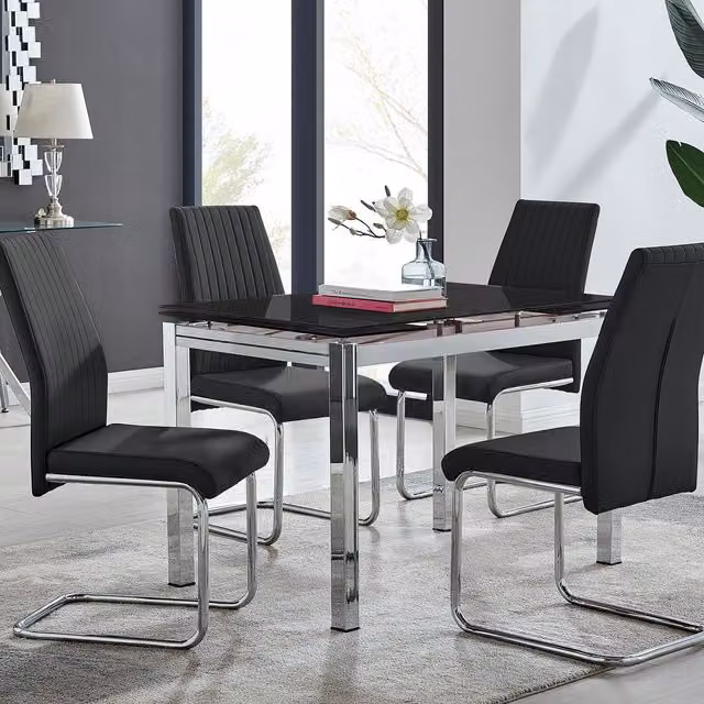 FurnitureboxUK Enna Black Glass Extending Dining Table and 4 Lorenzo Chairs Set