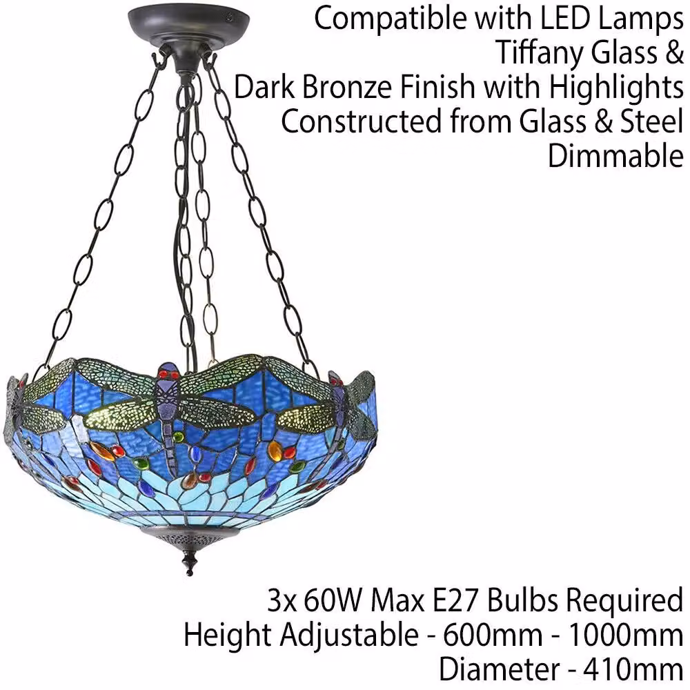 Loops Tiffany Glass Hanging Ceiling Pendant Light with Blue Dragonfly Design in Multicolour and Bronze – 2