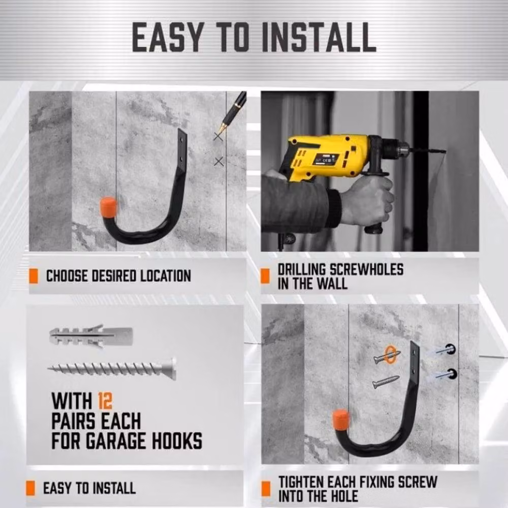 NESTLUNE 6 Piece Heavy Duty Wall Mounted Hooks, Black, W: 52 cm – 4
