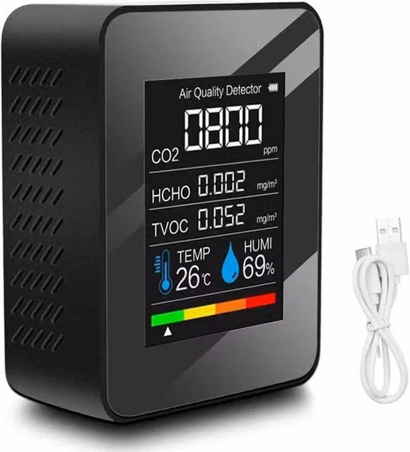 FLAVORA 5-in-1 CO2 Meter and Air Quality Detector in Black