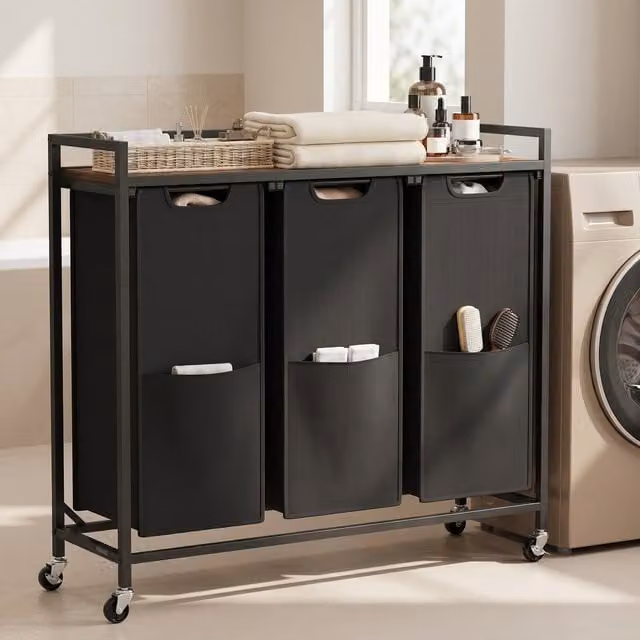 VASAGLE 3-Compartment Laundry Basket Sorter Cart in Black and Brown with Steel and Fabric Construction