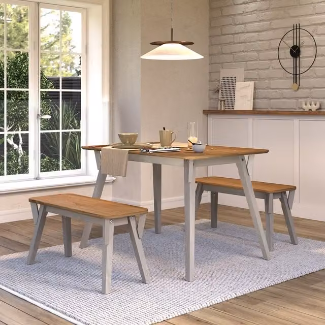 Corona Grey Washed Wax Solid Pine 140cm Rectangular Kitchen Table and 2 Bench Set