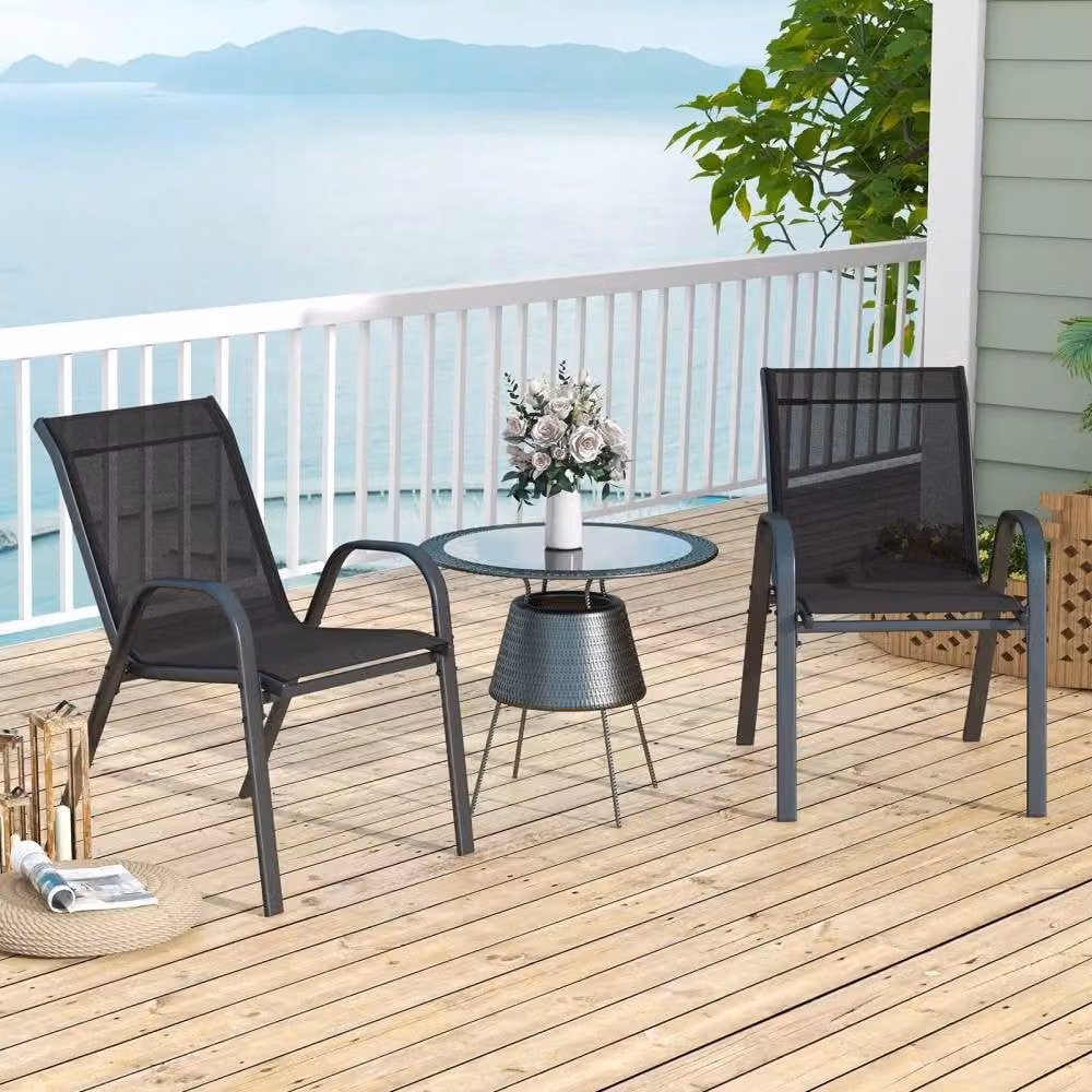 Costway Set of 2 Stackable Metal Patio Chairs with Breathable Fabric in Matt Black – 3