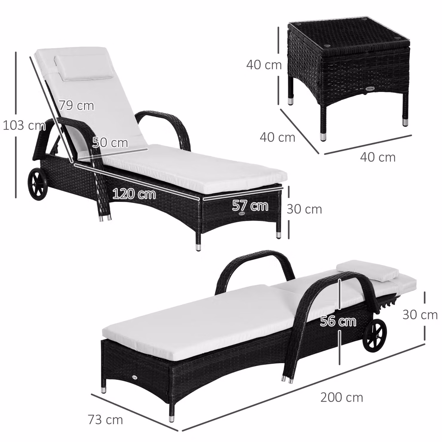 Outsunny 3 Piece Black Polyrattan Sun Lounger Set with Weatherproof Cushions and Side Table – 4