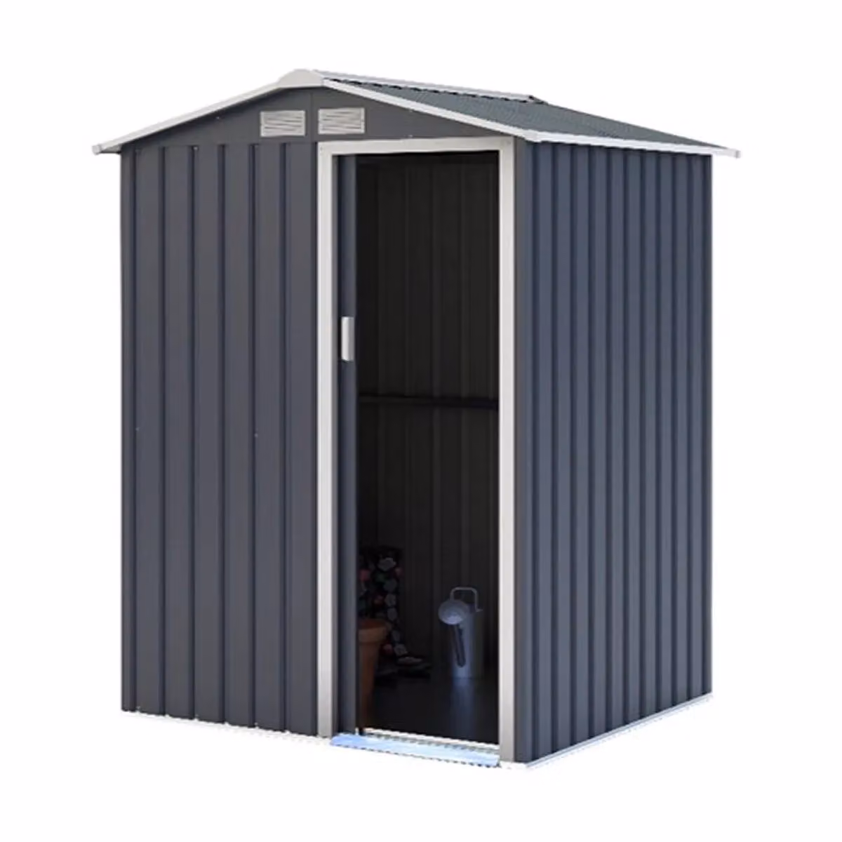 Charles Bentley Metal Apex Storage Shed in Grey with Single Door and Side Vent, H186 x W150 x D150 cm – 2