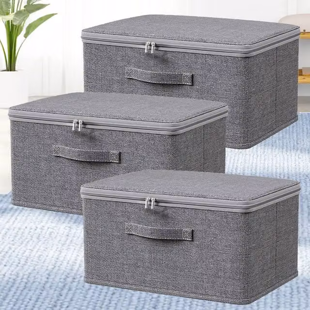 Ventryn Set of 3 Large Foldable Canvas Fabric Storage Boxes with Lid, Grey – 1