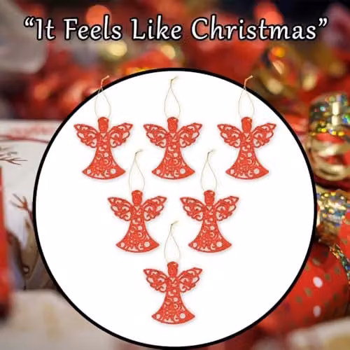 VFM e-Store Red Glitter Hanging Angel Christmas Tree Ornaments, Pack of 6, H 17.5 x W 10 x D 1.5 cm – 6