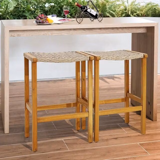 Kelvenix 2-Pack Brown Rattan and Acacia Wood Outdoor Bar Stools – 1