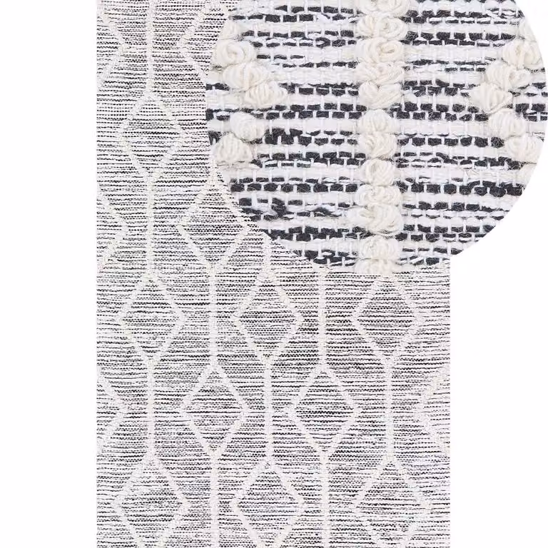 Wyld and Coco Geometric Handwoven Wool-Cotton Rug in Grey and Beige, W: 80 cm, L: 150 cm