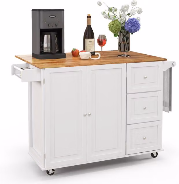 COSTWAY Classic Kitchen Island Cart on Wheels in White Rubberwood