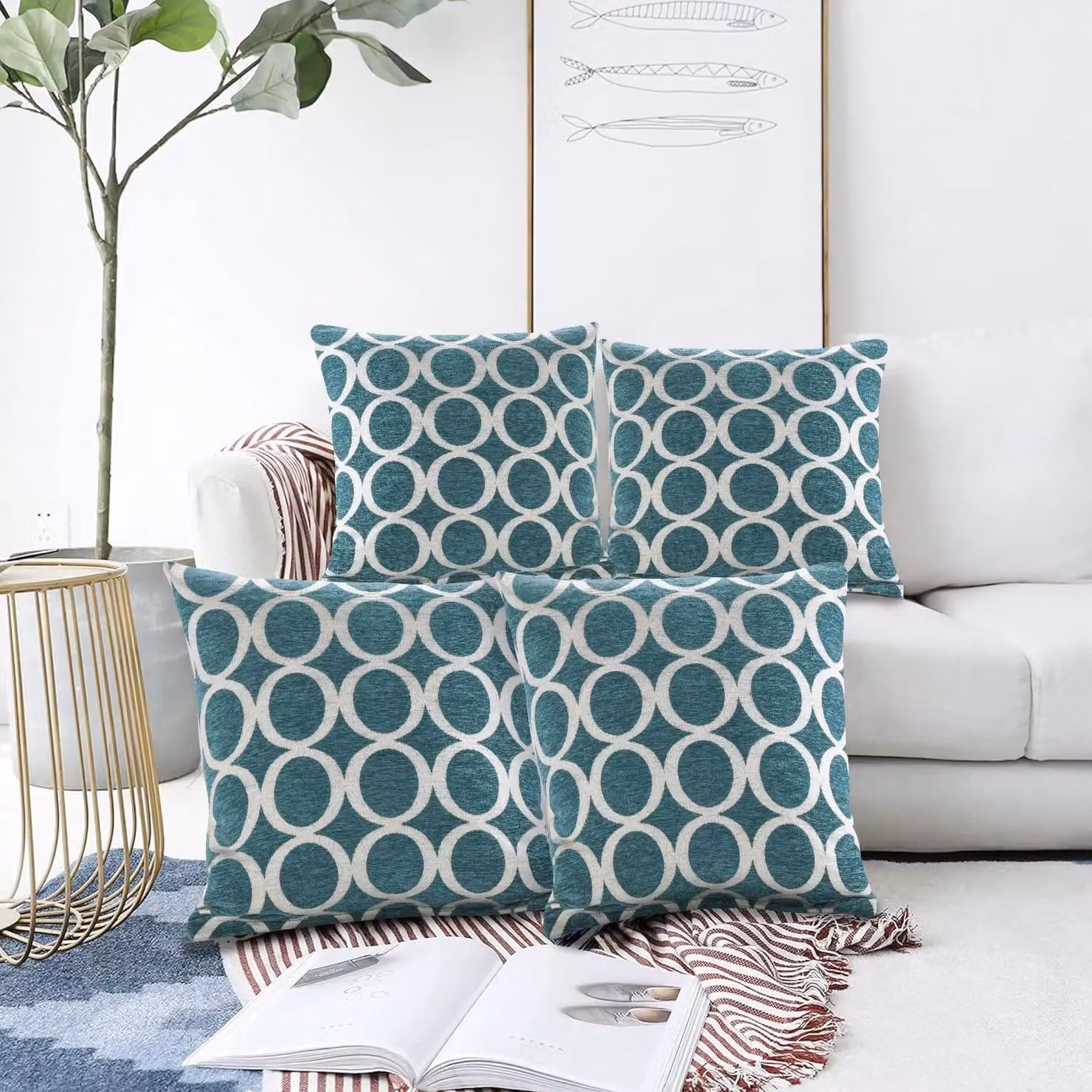 Luxor Living Chenille Cushion Set of 4 in Blue Turquoise, W/D/H: 45 x 45 x 45 cm – 4