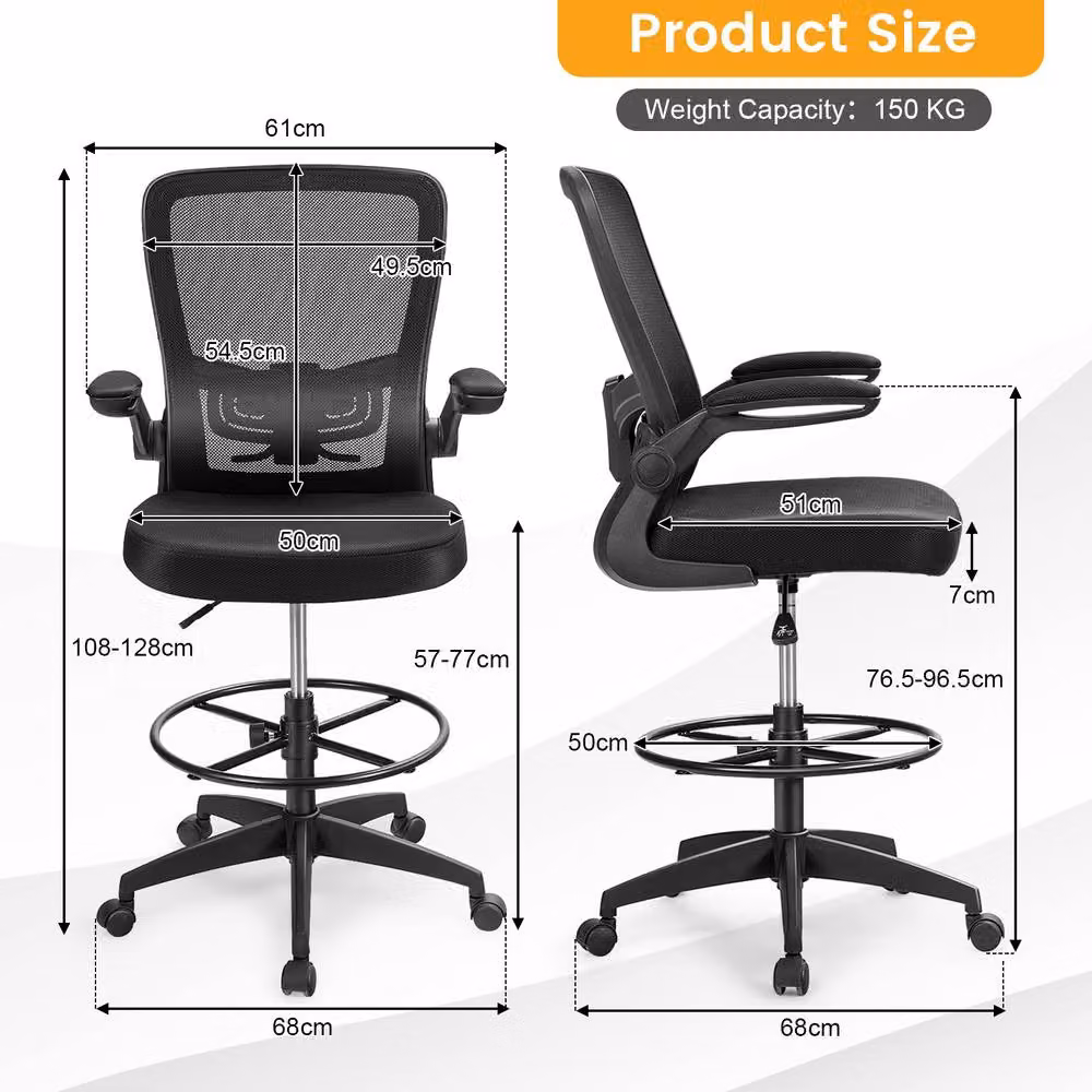 Costway 2-Piece Set of Height Adjustable Mesh Drafting Chairs with Lumbar Support and Foot Ring in Black – 2
