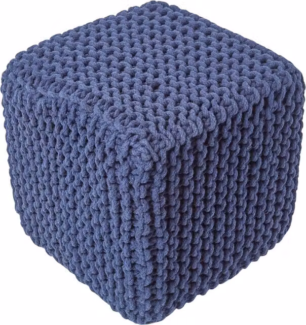 Homescape Blue Cotton Knitted Cube Pouffe