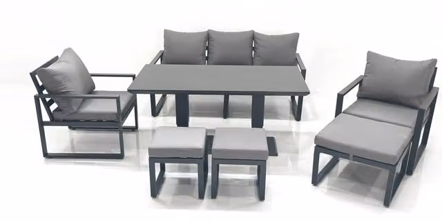 Fimous 8 Seater Aluminium Outdoor Garden Furniture Set in Dark Grey with Adjustable Rising Lifting Dining Table, 3 Seater Sofa, 2 Chairs and 3 Footstools